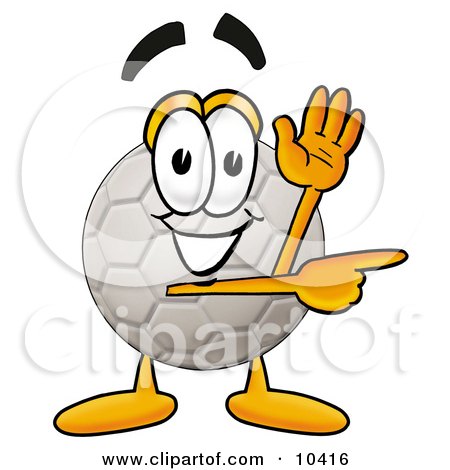 Clipart Picture of a Soccer Ball Mascot Cartoon Character Waving and Pointing by Mascot Junction