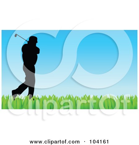Royalty-Free (RF) Clipart Illustration of a Silhouetted Golfer Over Blue And Green by Prawny
