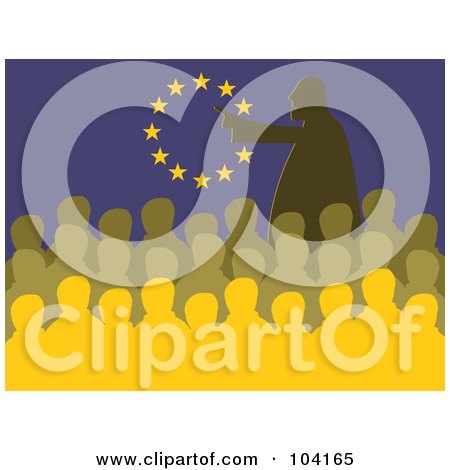 Royalty-Free (RF) Clipart Illustration of a Silhouetted Man Speaking At A Meeting In Front Of A European Flag by Prawny