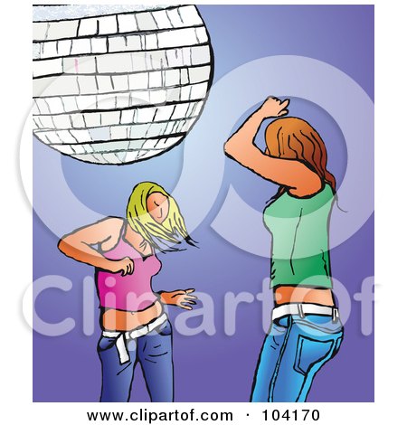 Royalty-Free (RF) Clipart Illustration of a Two Young Women Dancing Under A Disco Ball by Prawny