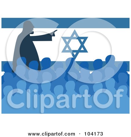 Royalty-Free (RF) Clipart Illustration of a Silhouetted Man Speaking At A Meeting In Front Of An Israel Flag by Prawny