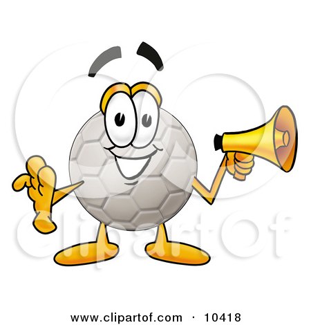 Clipart Picture of a Soccer Ball Mascot Cartoon Character Holding a Megaphone by Mascot Junction