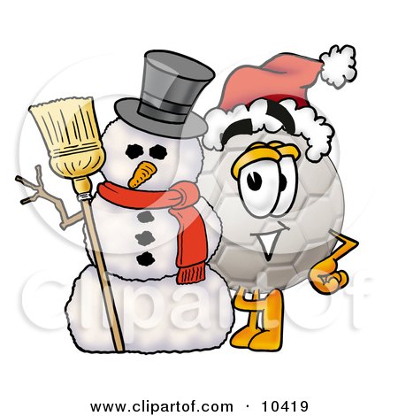 Clipart Picture of a Soccer Ball Mascot Cartoon Character With a Snowman on Christmas by Mascot Junction