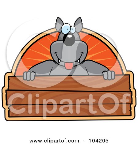 Royalty-Free (RF) Clipart Illustration of a Goofy Wolf Over A Wooden Sign by Cory Thoman