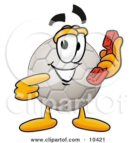 Clipart Picture of a Soccer Ball Mascot Cartoon Character Holding a Telephone by Mascot Junction