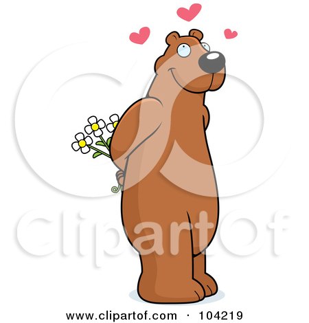 Royalty-Free (RF) Clipart Illustration of a Sweet Amorous Bear Holding Flowers Behind His Back by Cory Thoman