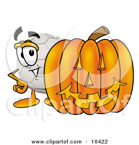 Clipart Picture of a Soccer Ball Mascot Cartoon Character With a Carved Halloween Pumpkin by Mascot Junction