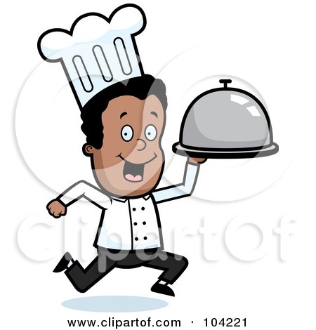 Royalty-Free (RF) Clipart Illustration of a Black Chef Man Running With A Platter by Cory Thoman