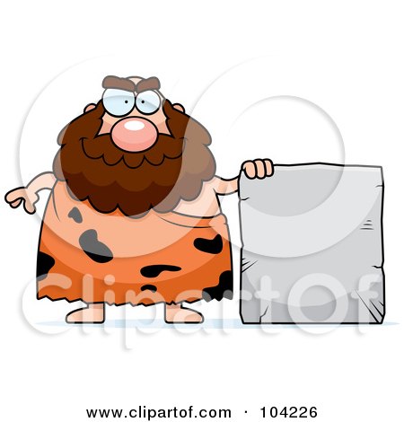 Royalty-Free (RF) Clipart Illustration of a Chubby Caveman By A Blank Stone Sign by Cory Thoman