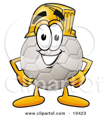 Clipart Picture of a Soccer Ball Mascot Cartoon Character Wearing a Helmet by Mascot Junction