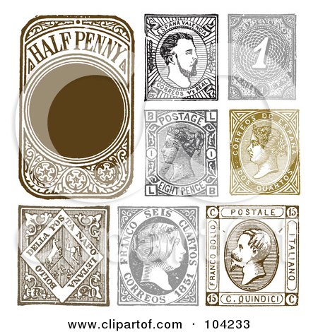 Royalty-Free (RF) Clipart Illustration of a Digital Collage Of Retro Stamp Designs by BestVector