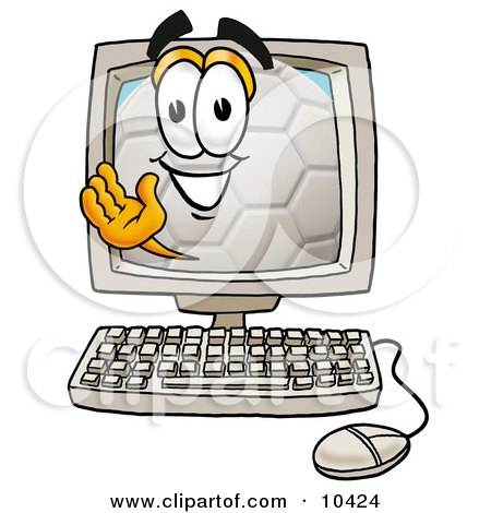 Clipart Picture of a Soccer Ball Mascot Cartoon Character Waving From Inside a Computer Screen by Mascot Junction