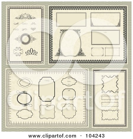 Royalty-Free (RF) Clipart Illustration of a Digital Collage Of Frames And Design Elements With Certificate Borders On Tan by BestVector