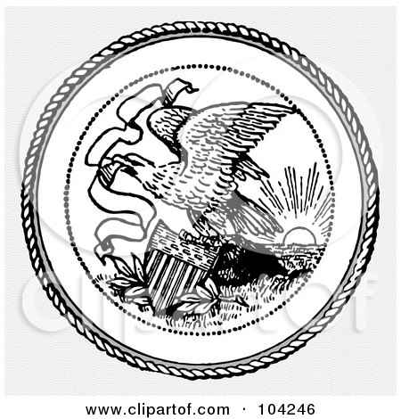 Royalty-Free (RF) Clipart Illustration of a Black And White Eagle And Rising Sun Seal by BestVector
