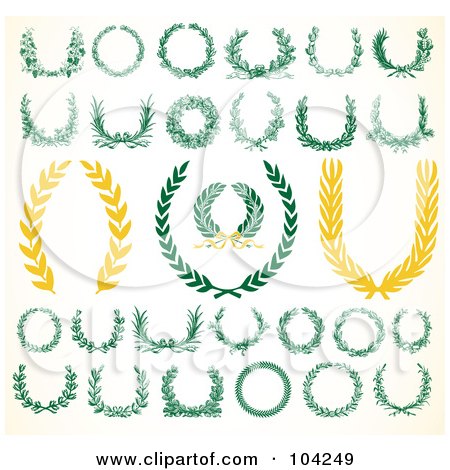 Royalty-Free (RF) Clipart Illustration of a Digital Collage Of Green And White Laurels And Wreaths by BestVector