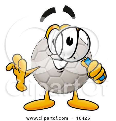Clipart Picture of a Soccer Ball Mascot Cartoon Character Looking Through a Magnifying Glass by Mascot Junction