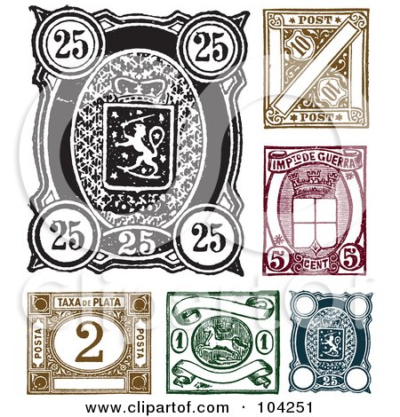 Royalty-Free (RF) Clipart Illustration of a Digital Collage Of Old World Stamp Designs by BestVector