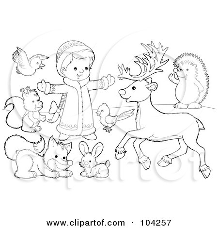 Royalty-Free (RF) Clipart Illustration of a Coloring Page Outline Of A Girl Playing Outside With Animals by Alex Bannykh