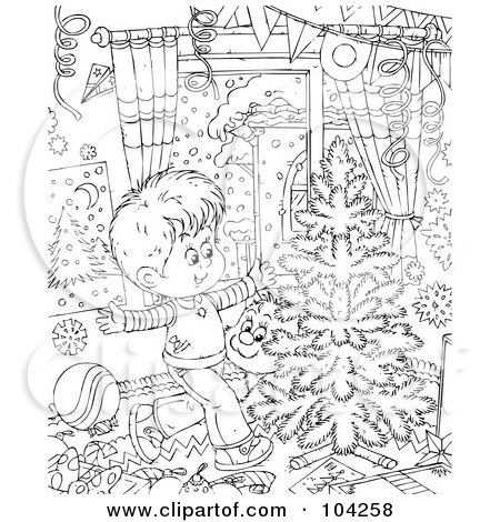 Royalty-Free (RF) Clipart Illustration of a Coloring Page Outline Of A Boy And Cat Indoors By A Christmas Tree by Alex Bannykh