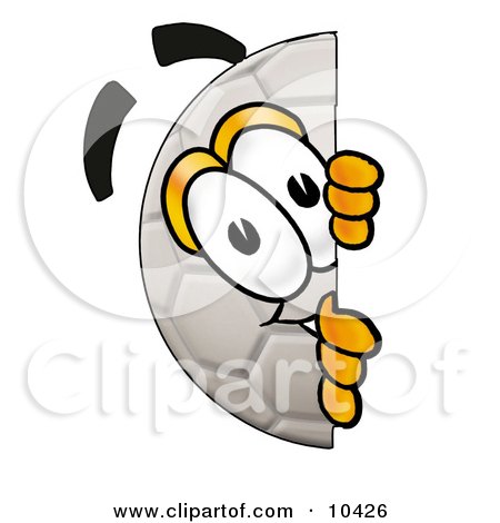 Clipart Picture of a Soccer Ball Mascot Cartoon Character Peeking Around a Corner by Mascot Junction