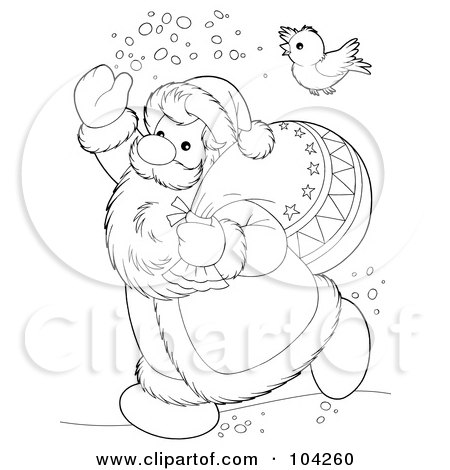 Royalty-Free (RF) Clipart Illustration of a Coloring Page Outline Of A Bird Flying Over Santa by Alex Bannykh