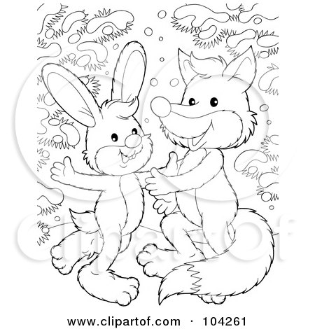 Royalty-Free (RF) Clipart Illustration of a Coloring Page Outline Of A Rabbit And Fox Dancing In The Snow by Alex Bannykh