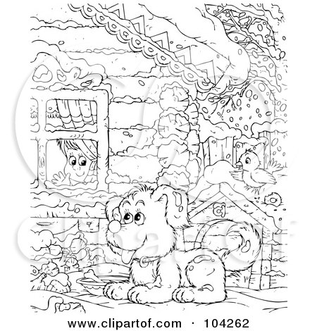 Royalty-Free (RF) Clipart Illustration of a Coloring Page Outline Of A Puppy In The Snow, Looking At A Boy Through A Window by Alex Bannykh