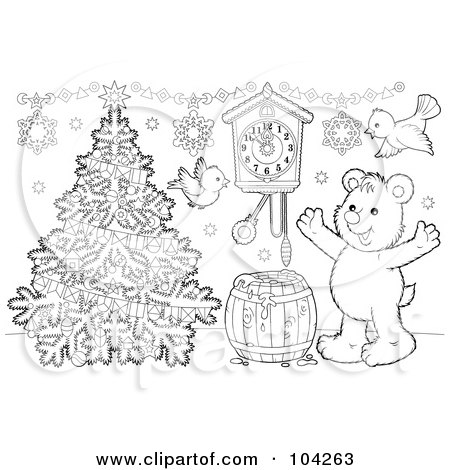 Royalty-Free (RF) Clipart Illustration of a Coloring Page Outline Of A Bear And Birds By A Christmas Tree by Alex Bannykh