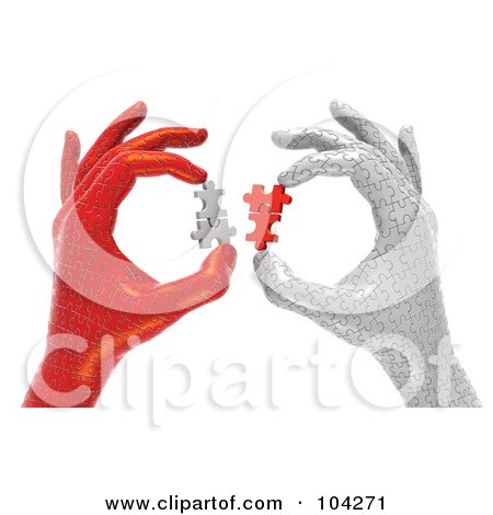 Royalty-Free (RF) Clipart Illustration of 3d White And Red Puzzle Hands Holding Puzzle Pieces And Working Together To Solve A Problem by Tonis Pan