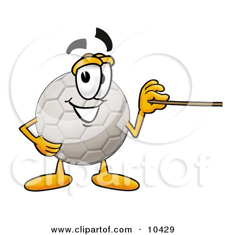 Clipart Picture of a Soccer Ball Mascot Cartoon Character Holding a Pointer Stick by Mascot Junction