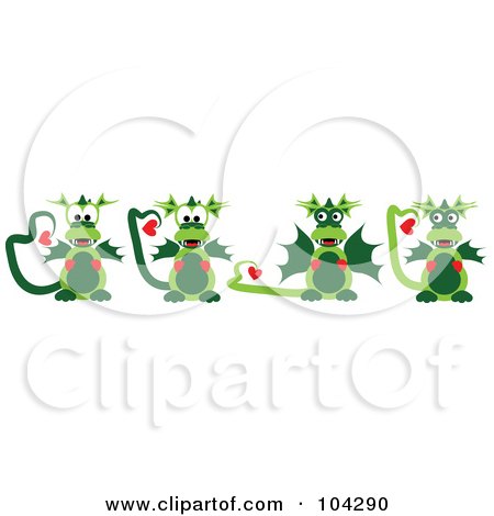 Royalty-Free (RF) Clipart Illustration of a Digital Collage Of Four Dragons With Red Hearts by kaycee