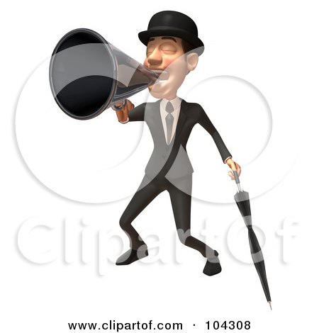 Royalty-Free (RF) Clipart Illustration of a 3d English Businessman With An Umbrella, Announcing With A Megaphone - 1 by Julos