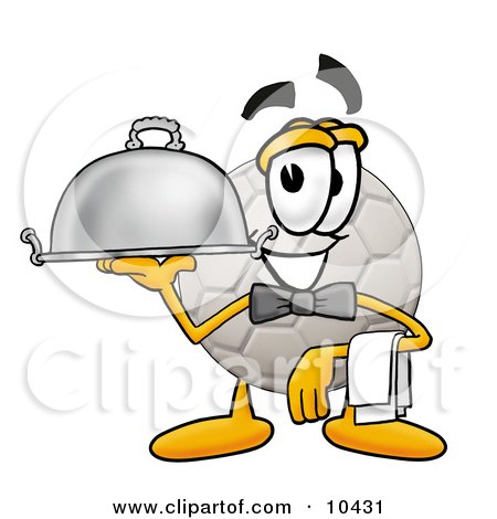 Clipart Picture of a Soccer Ball Mascot Cartoon Character Dressed as a Waiter and Holding a Serving Platter by Mascot Junction