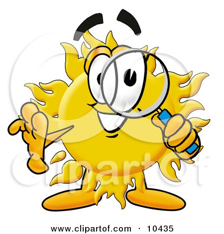 Clipart Picture of a Sun Mascot Cartoon Character Looking Through a Magnifying Glass by Mascot Junction
