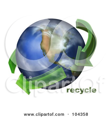 Royalty-Free (RF) Clipart Illustration of 3d Green Transparent Arrows Circling Earth, With Recycle Text by BNP Design Studio