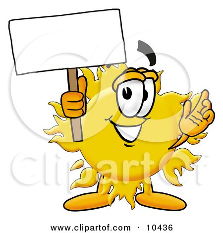 Clipart Picture of a Sun Mascot Cartoon Character Holding a Blank Sign by Mascot Junction