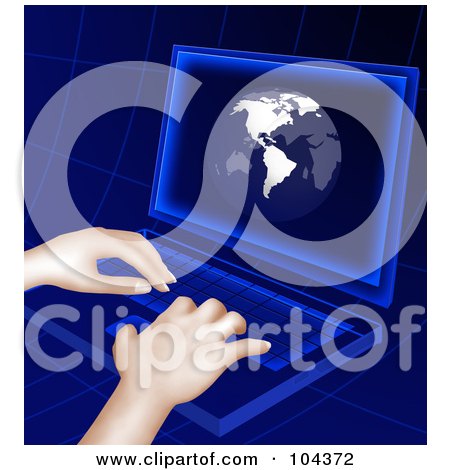 Royalty-Free (RF) Clipart Illustration of Hands Typing On A Blue Laptop With A Globe On The Screen by BNP Design Studio