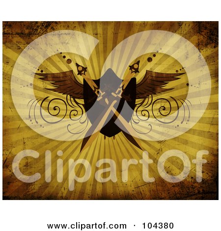 Royalty-Free (RF) Clipart Illustration of a Grungy Ray Background With Crossed Swords Over A Winged Shield by BNP Design Studio