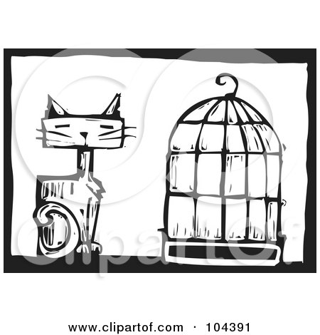 Royalty-Free (RF) Clipart Illustration of a Black And White Woodcut Styled Cat By A Bird Cage by xunantunich