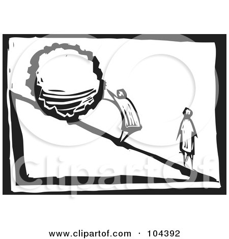 Royalty-Free (RF) Clipart Illustration of a Black And White Woodcut Styled Man Pushing A Boulder Uphill by xunantunich