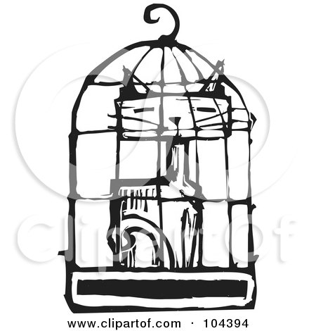 Royalty-Free (RF) Clipart Illustration of a Black And White Woodcut Styled Cat In A Bird Cage by xunantunich