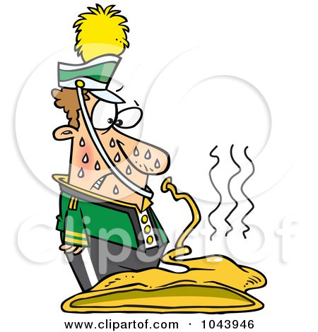 Royalty-Free (RF) Clip Art Illustration of a Cartoon Sweaty Musician Looking At His Melted Sousaphone by toonaday