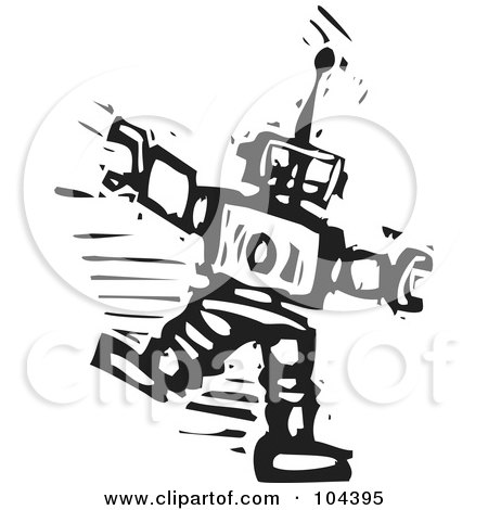 Royalty-Free (RF) Clipart Illustration of a Black And White Woodcut Styled Dancing Robot by xunantunich