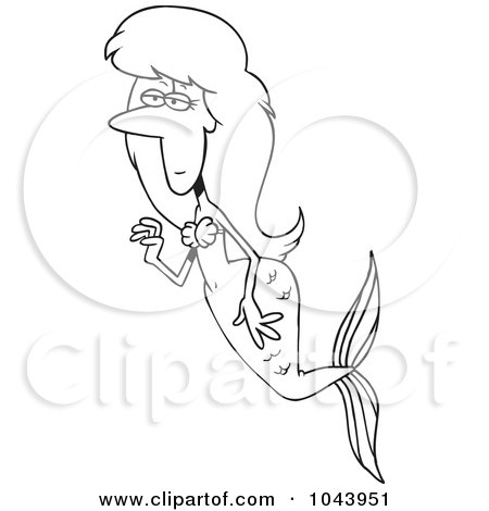 Royalty-Free (RF) Clip Art Illustration of a Cartoon Black And White Outline Design Of A Swimming Mermaid by toonaday