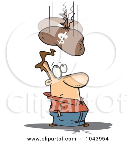 Royalty-Free (RF) Clip Art Illustration of a Cartoon Money Bag Falling On A Man by toonaday