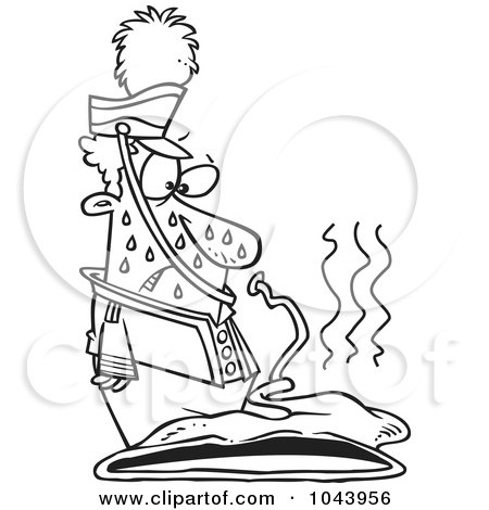 Royalty-Free (RF) Clip Art Illustration of a Cartoon Black And White Outline Design Of A Sweaty Musician Looking At His Melted Sousaphone by toonaday