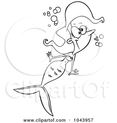 Royalty-Free (RF) Clip Art Illustration of a Cartoon Black And White Outline Design Of A Happy Swimming Mermaid by toonaday