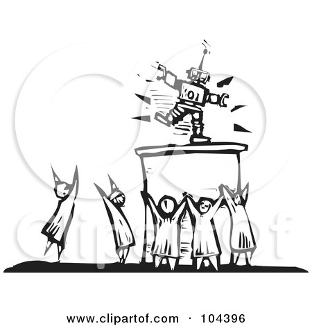 Royalty-Free (RF) Clipart Illustration of a Black And White Woodcut Styled Scene Of People Worshiping A Robot by xunantunich