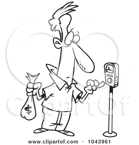 Royalty-Free (RF) Clip Art Illustration of a Cartoon Black And White Outline Design Of A Man Holding A Money Bag And Paying A Parking Meter by toonaday