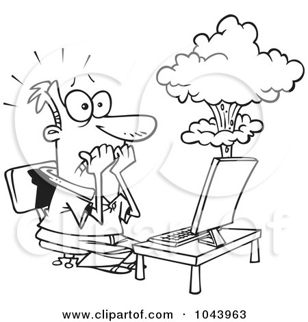 Royalty-Free (RF) Clip Art Illustration of a Cartoon Black And White Outline Design Of A Man's Laptop Having A Meltdown by toonaday